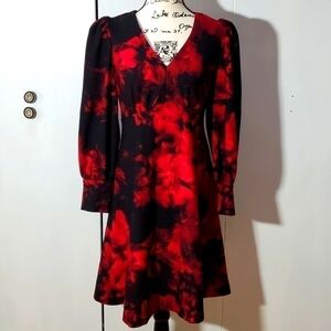 Calvin Klein- Womens Black/RED Floral puffed sleeves Dress Sz.4